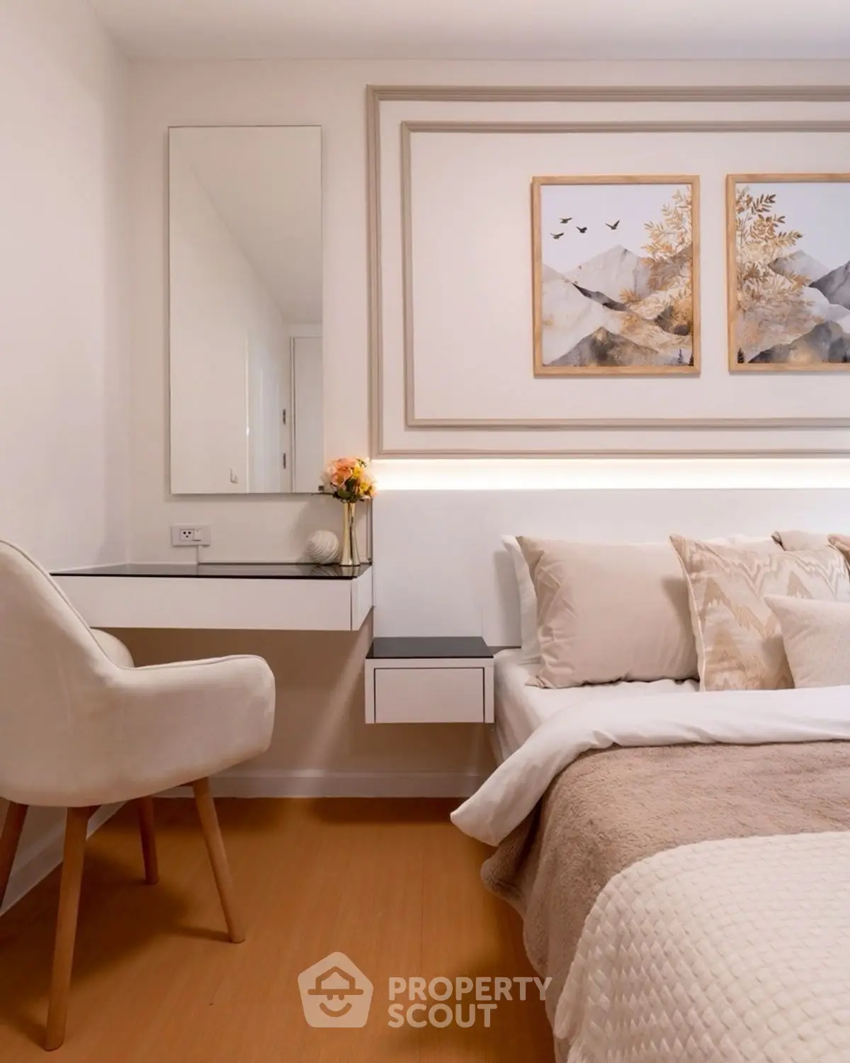 Elegant bedroom with modern decor and cozy ambiance