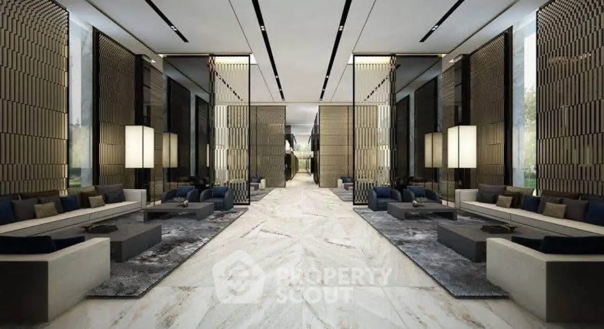 Luxurious modern lobby with elegant seating and sophisticated design elements.