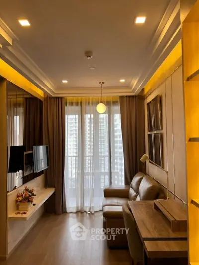 Modern living room with elegant lighting and cozy seating area