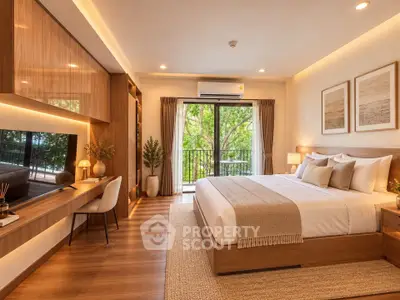 Luxurious bedroom with modern decor and balcony view, featuring elegant furnishings and natural light.
