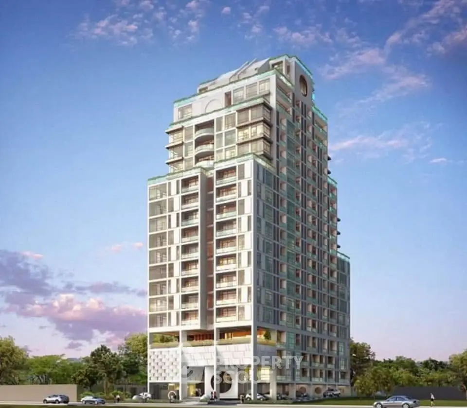 Stunning modern high-rise building with unique architectural design and lush surroundings.