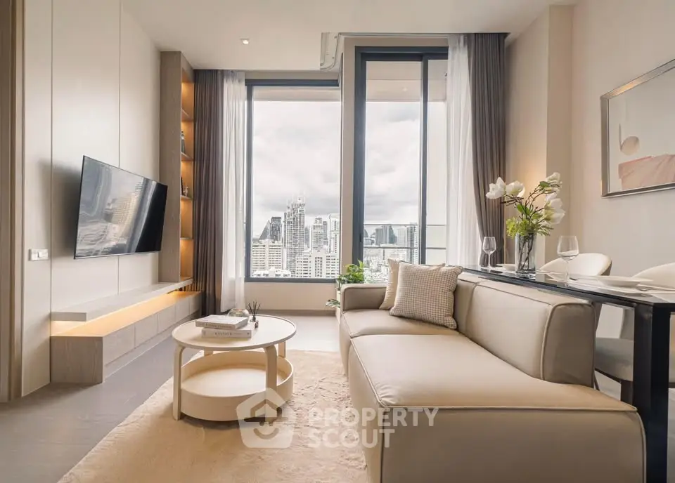 Luxurious modern living room with stunning city view, elegant decor, and cozy seating area.