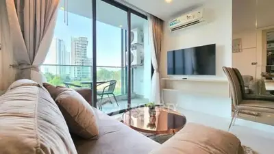 Modern living room with balcony view in luxury apartment