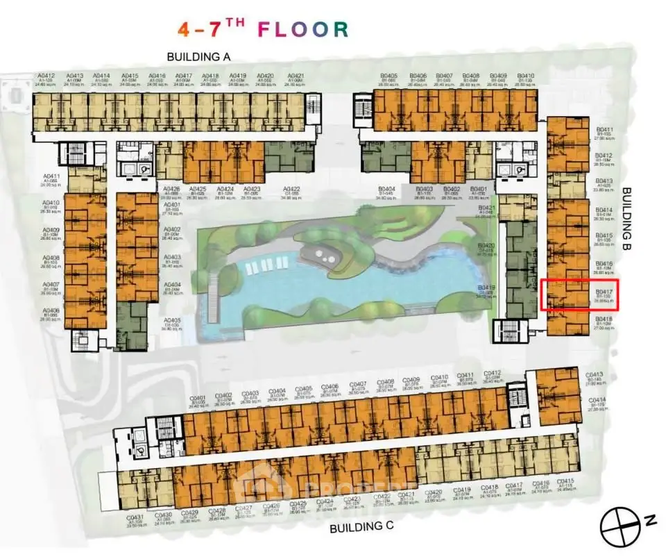 Floor plan layout of a modern residential complex with pool and garden view.