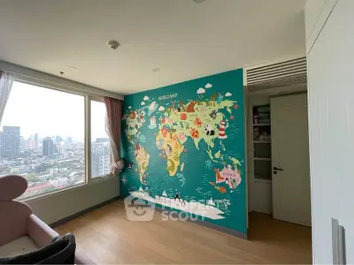 Charming bedroom with world map mural and city view, perfect for kids.