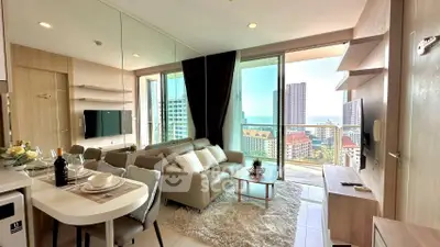Modern living room with stunning city view and elegant decor in high-rise apartment