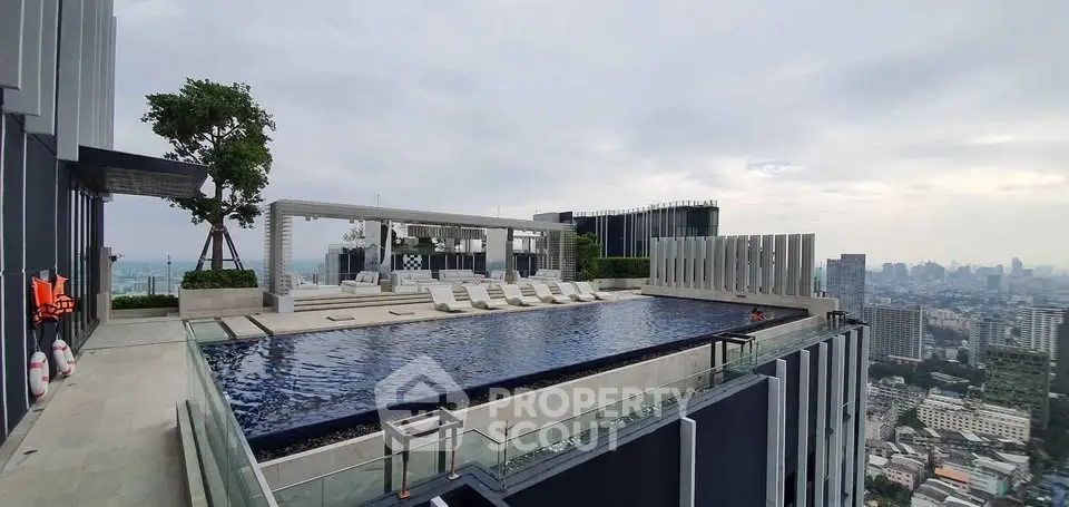 Luxurious rooftop pool with stunning cityscape views in modern high-rise building.