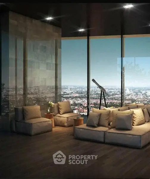 Luxurious living room with panoramic city view and telescope, featuring modern seating and elegant decor.