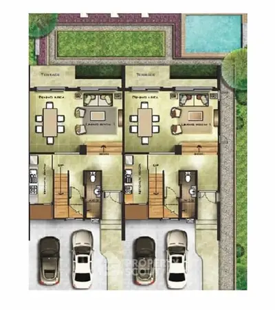 Modern duplex floor plan with spacious living areas and private terraces, ideal for family living.