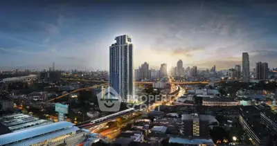 Stunning cityscape view with modern high-rise building at sunset