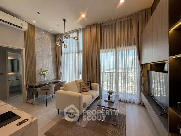 Luxurious modern living room with high ceilings and stunning city view