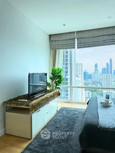 Modern living room with stunning city view and stylish decor