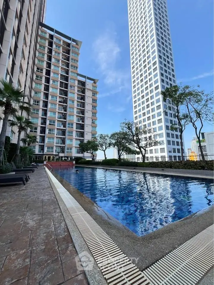 Luxurious high-rise apartment with stunning pool and city views, perfect for urban living.