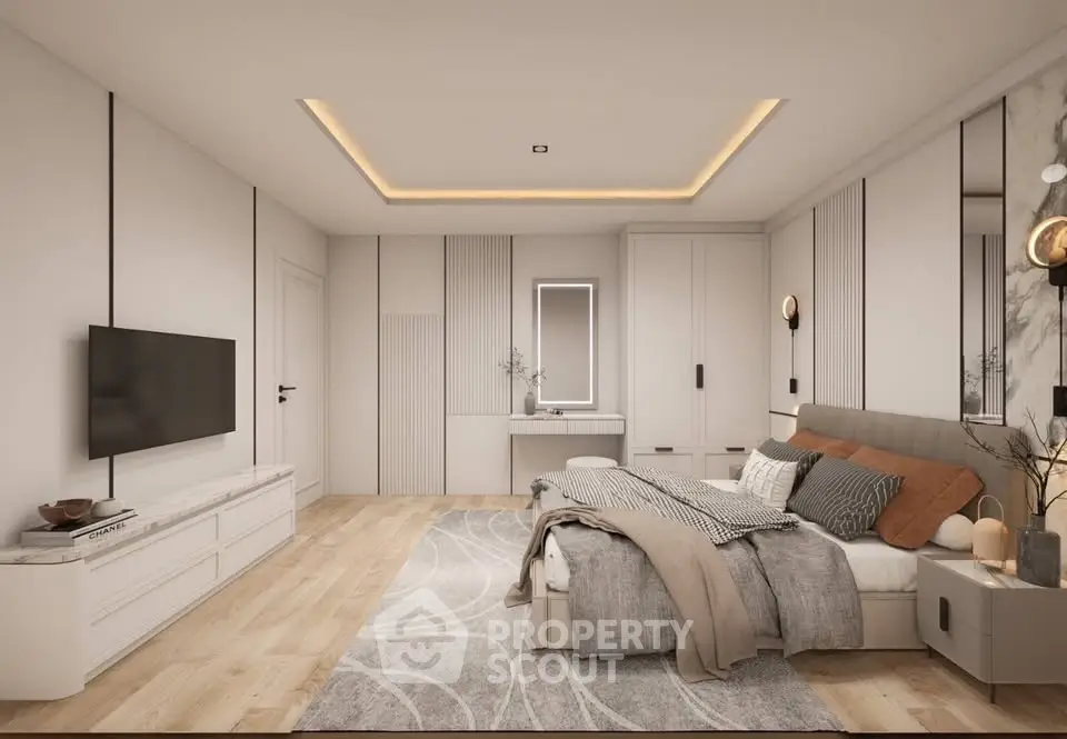 Luxurious modern bedroom with elegant decor and ambient lighting