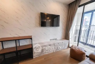 Modern living room with marble accent wall and city view balcony