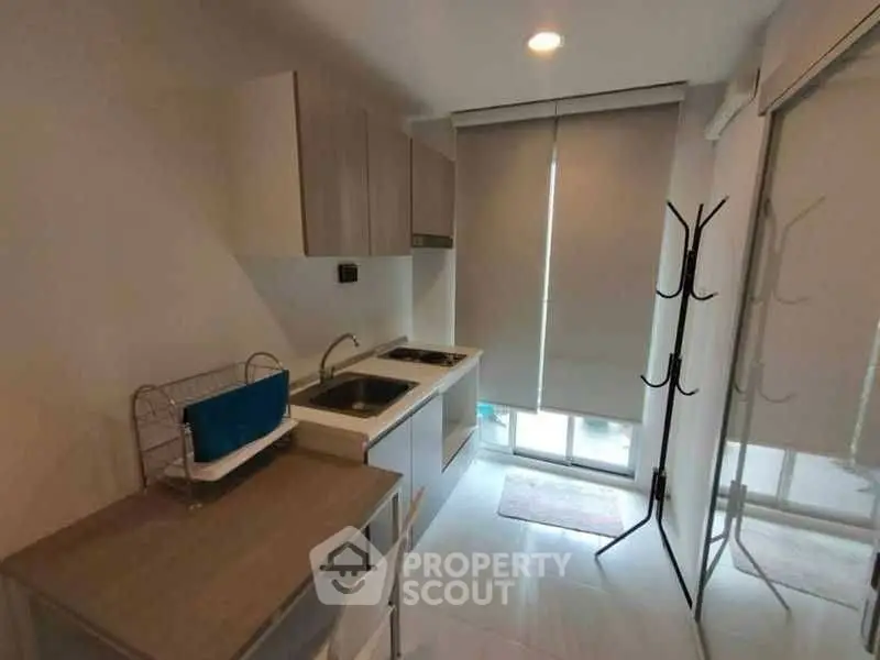 Compact modern kitchen with sleek cabinets and natural light