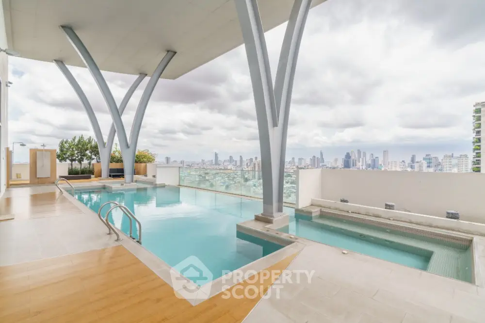 Luxurious rooftop pool with stunning city skyline views in modern high-rise building.