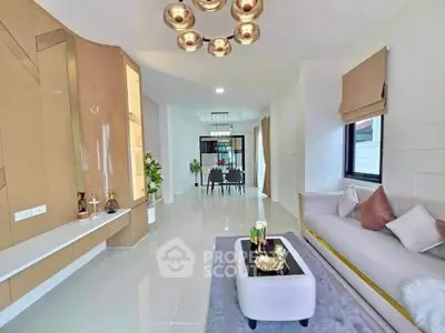 Elegant living room with modern decor and dining area in open layout