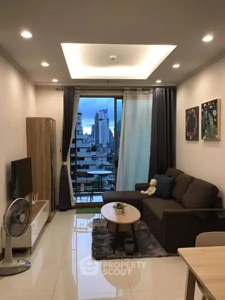 Modern living room with city view, stylish furniture, and cozy ambiance.