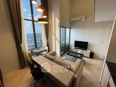 Luxurious high-rise living room with stunning city view and modern furnishings.