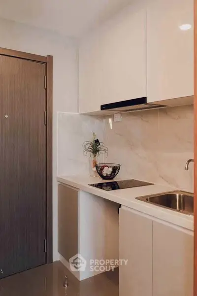 Modern compact kitchen with sleek cabinetry and marble backsplash in a stylish apartment.