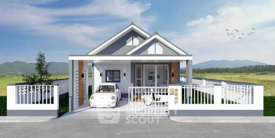 Charming modern house with spacious driveway and scenic mountain backdrop