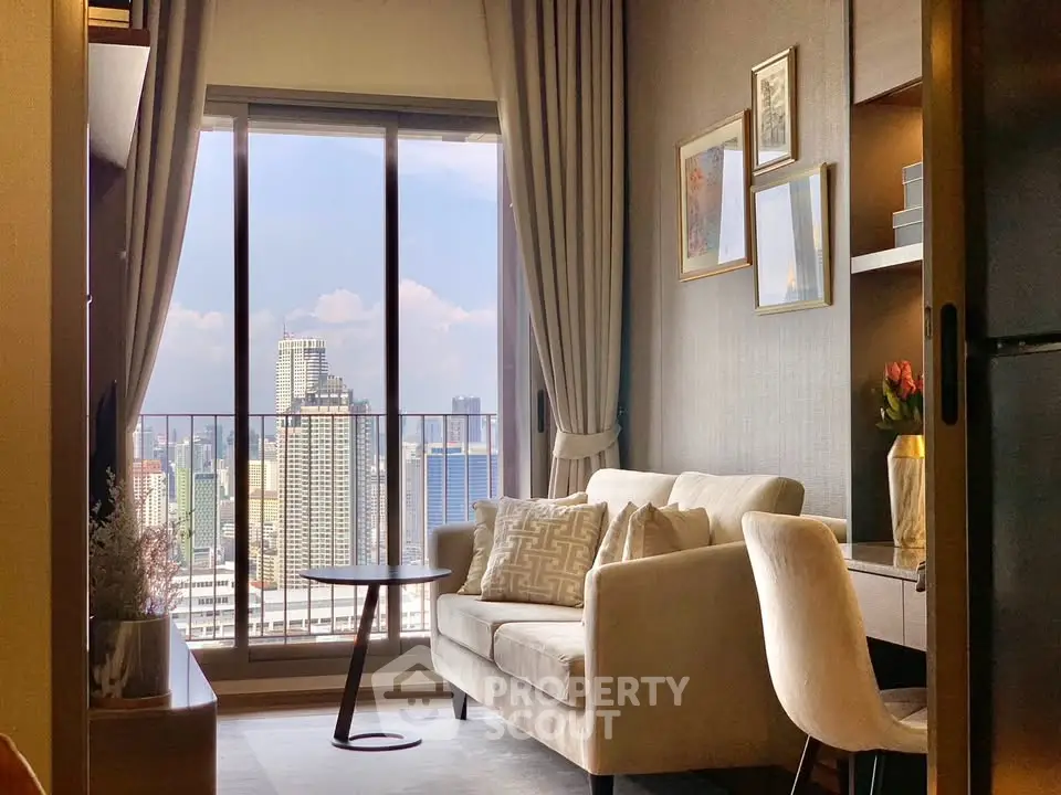 Chic living room with stunning city view, elegant decor, and cozy seating area.