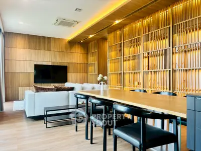 Luxurious modern living room with wooden accents and stylish furniture