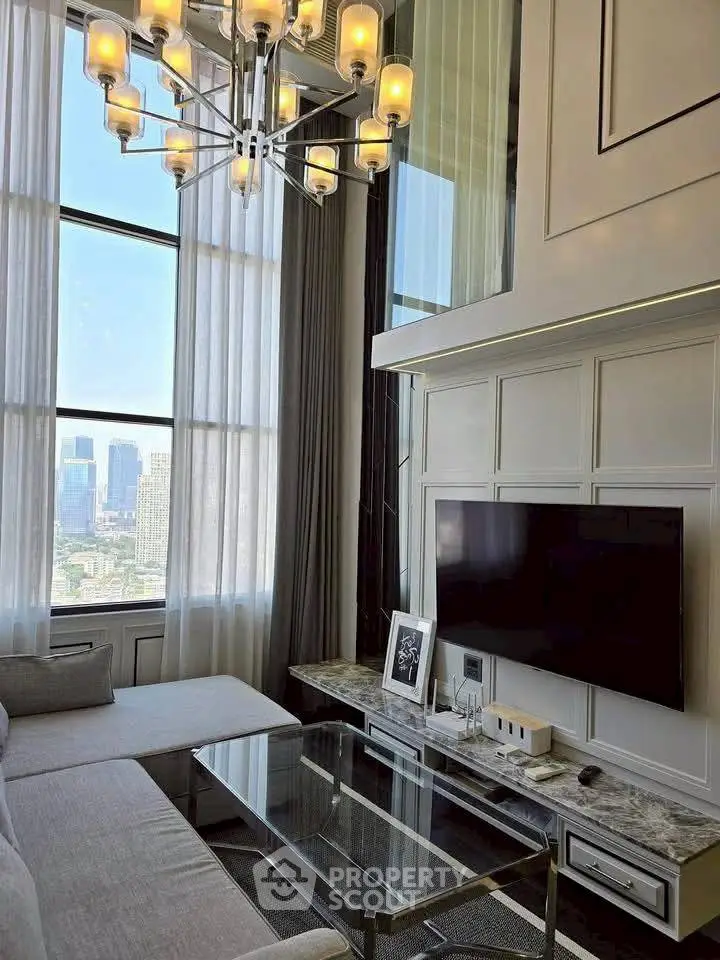 Luxurious high-ceiling living room with modern decor and stunning city view.