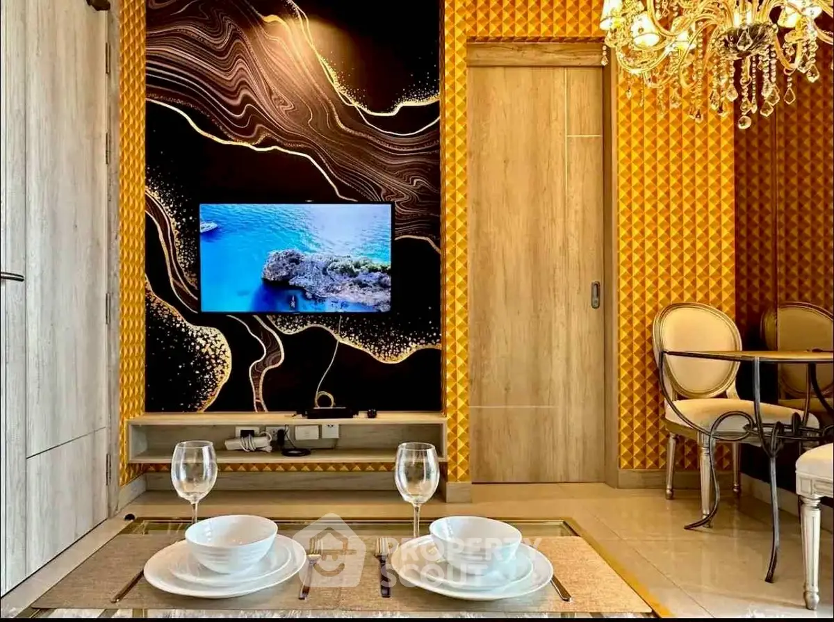 Luxurious living room with modern decor and elegant dining area