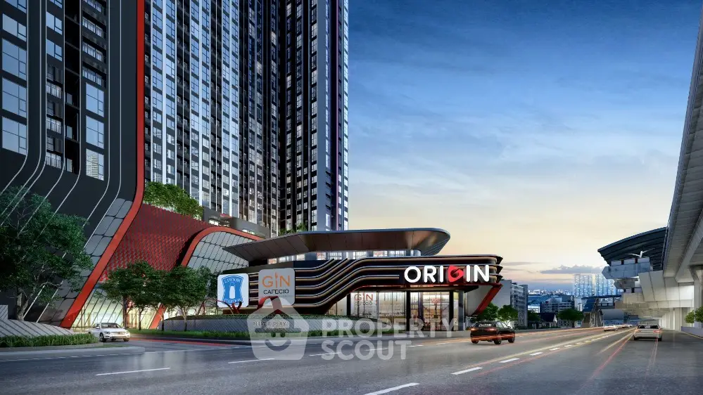Modern high-rise building with sleek design and urban street view