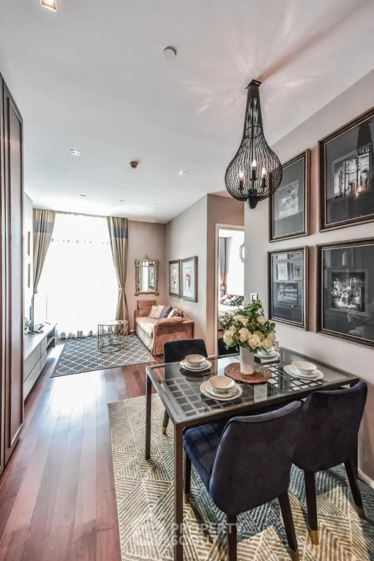 Stylish living room with elegant dining area and modern decor