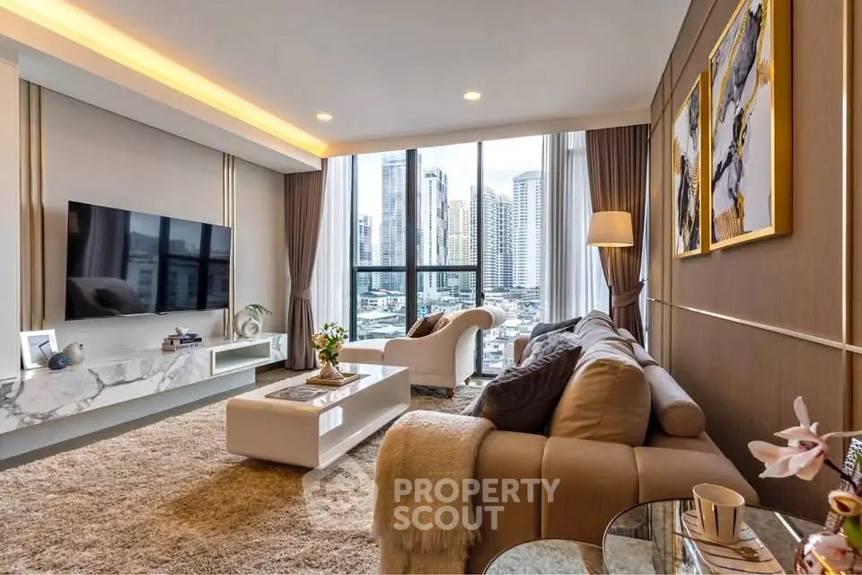 Luxurious living room with stunning city view, modern decor, and elegant furnishings in a high-rise apartment.