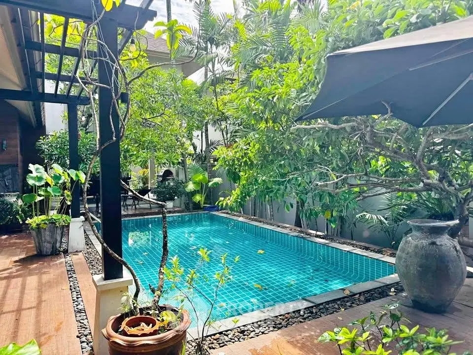 Luxurious private pool surrounded by lush greenery in a serene outdoor setting.