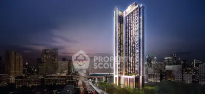 Stunning high-rise building with cityscape view at dusk, showcasing modern architecture and urban living.