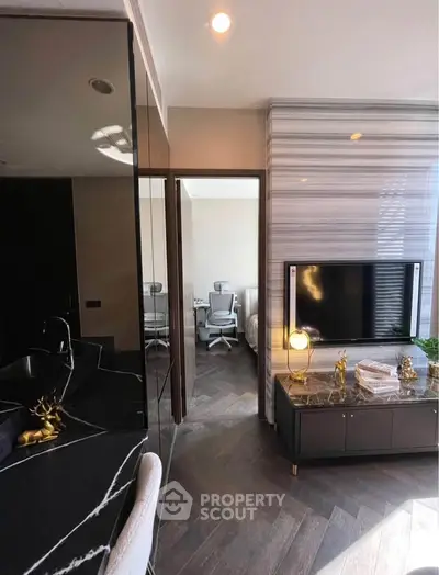 Luxurious modern living room with sleek marble accents and stylish decor