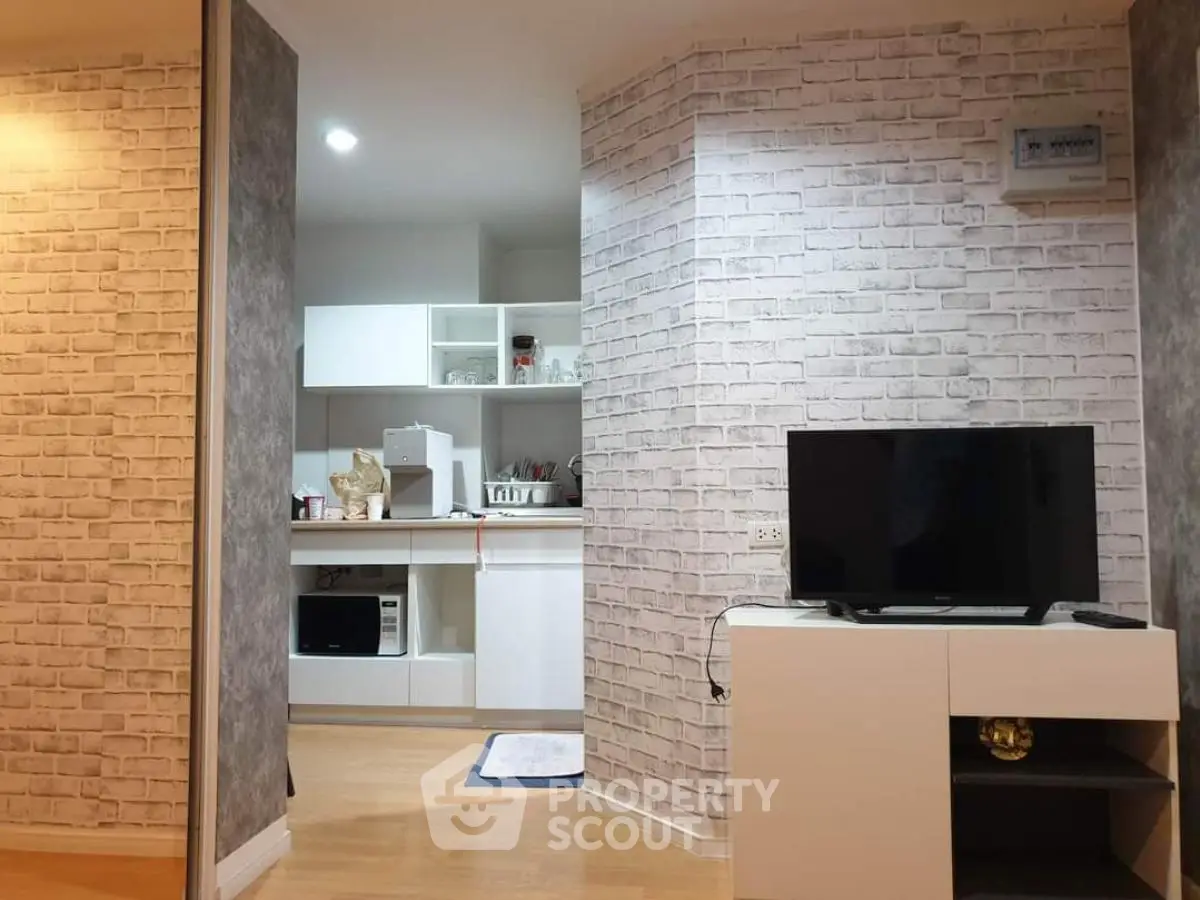 Modern apartment interior with stylish kitchen and cozy living area