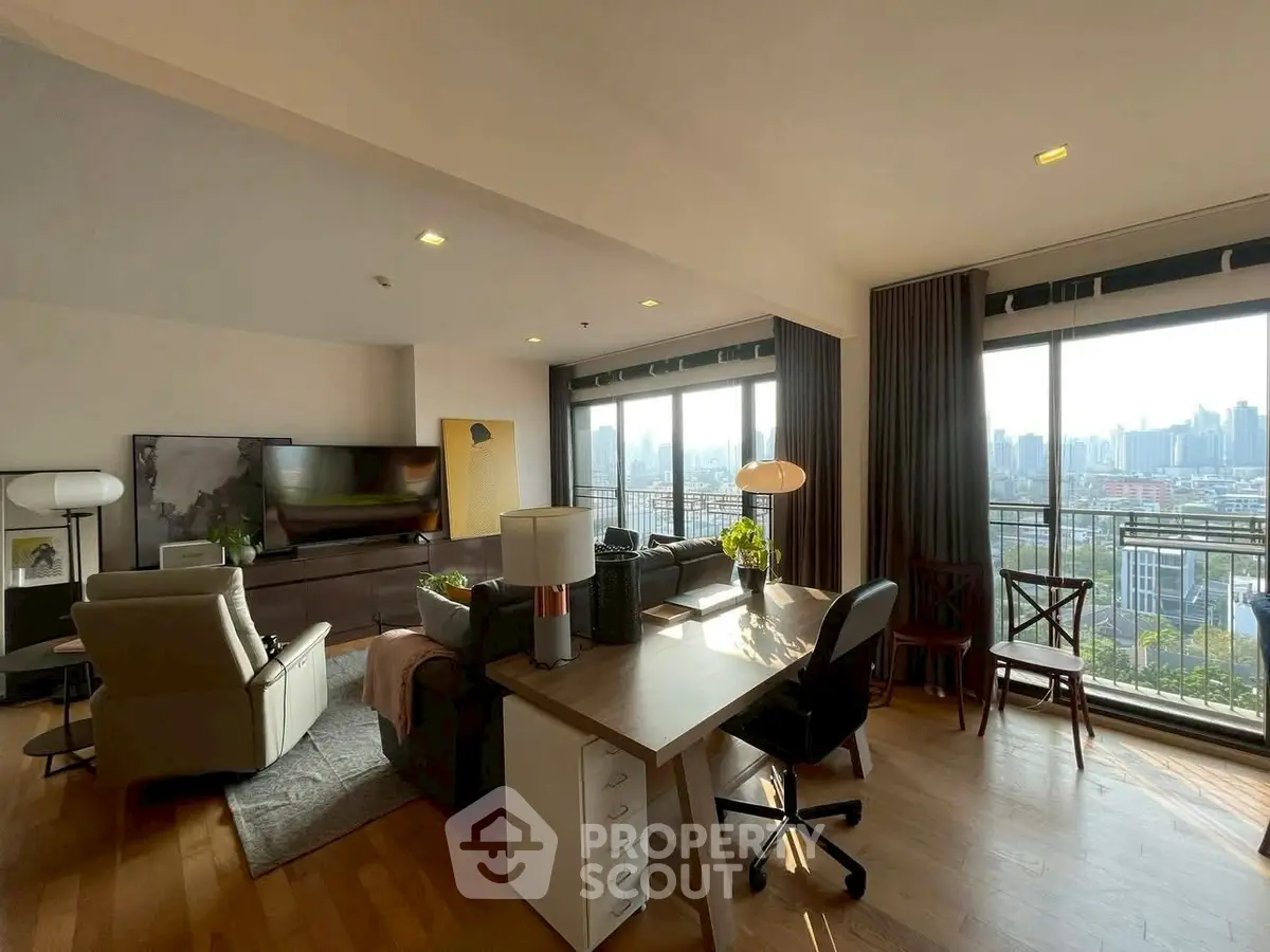 Spacious living room with city view and modern decor