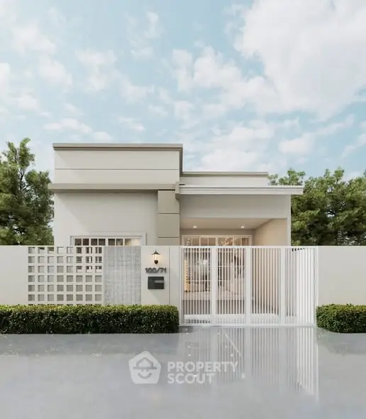Modern minimalist house exterior with sleek design and gated entrance, surrounded by lush greenery.
