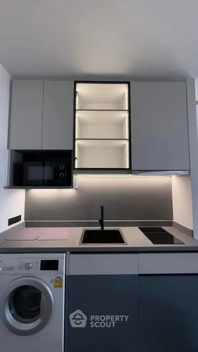 Modern kitchen with sleek cabinets, built-in appliances, and under-cabinet lighting
