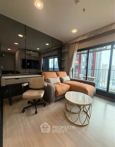 Modern living room with city view and stylish furniture