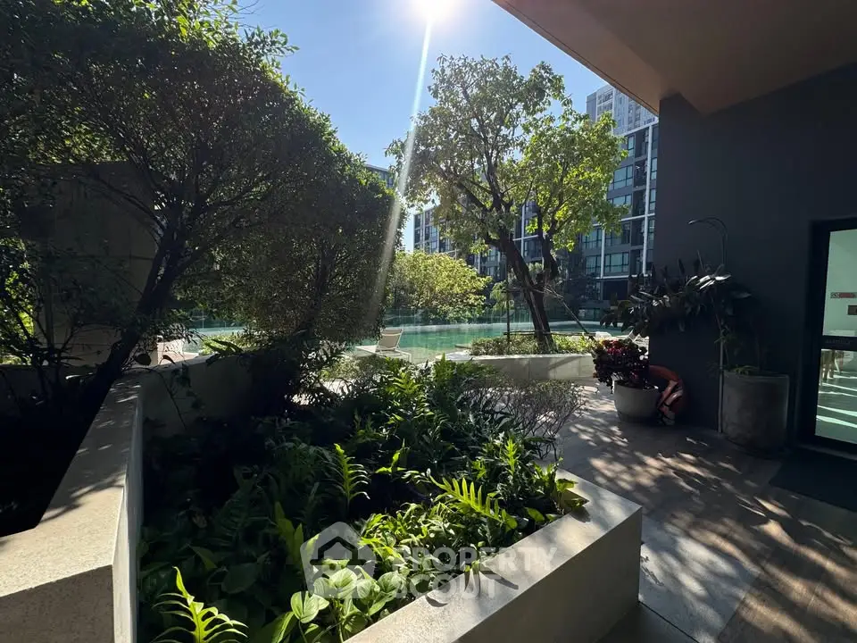 Luxurious condo garden with lush greenery and pool view, perfect for relaxation and leisure.