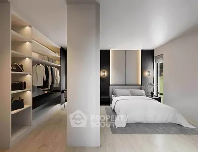 Luxurious bedroom with walk-in closet and modern decor, featuring elegant lighting and large windows.