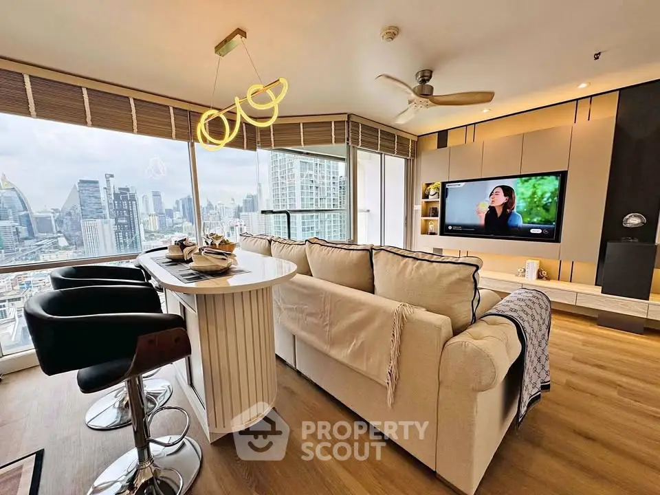 Luxurious living room with stunning city view, modern decor, and elegant lighting in high-rise apartment.