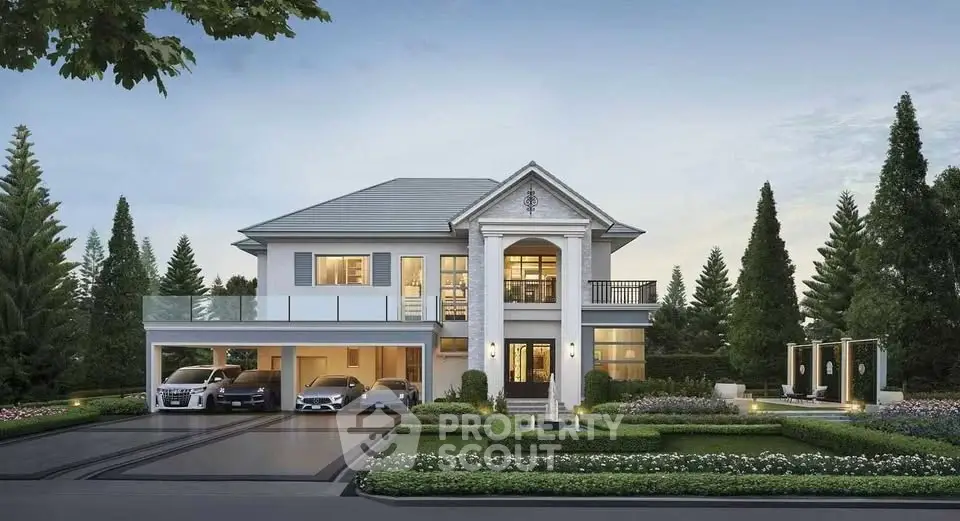 Luxurious modern mansion with grand entrance and spacious driveway, surrounded by lush greenery and elegant landscaping.