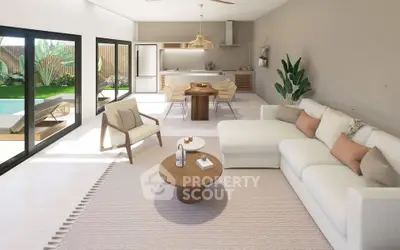 Luxurious open-plan living room with modern kitchen and pool view