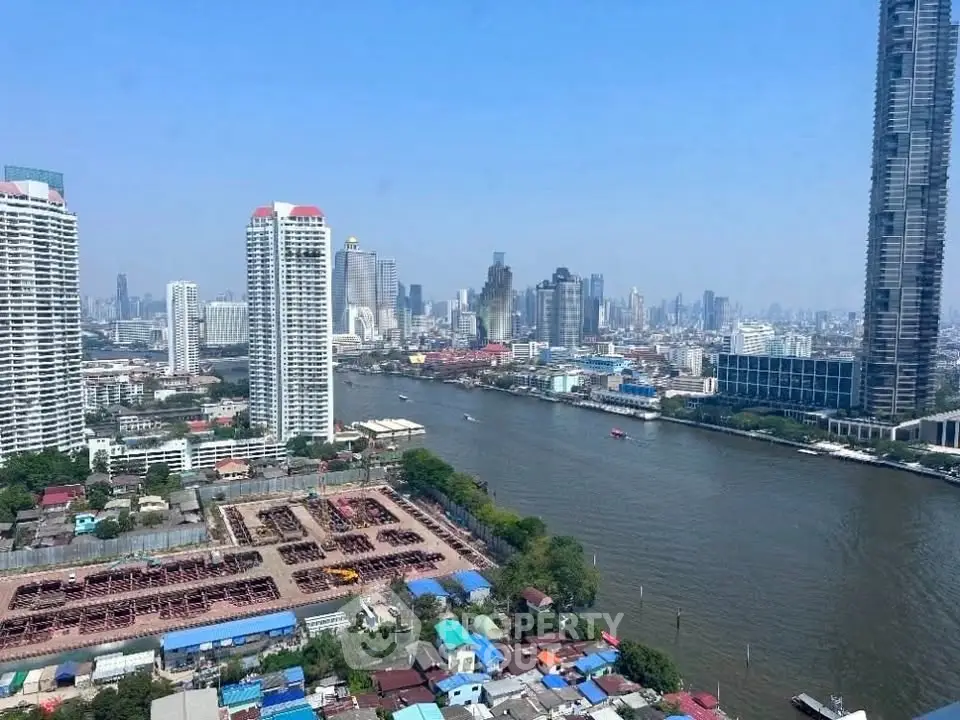 Stunning riverfront cityscape with modern high-rise buildings and serene water views.
