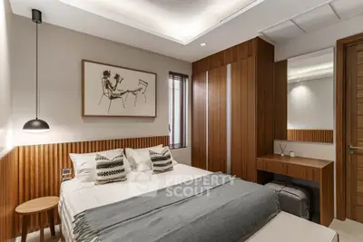 Modern bedroom with stylish wooden accents and cozy decor