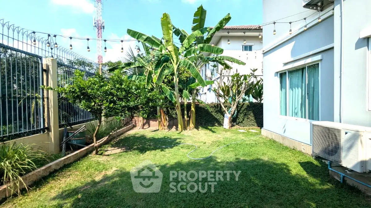 Charming garden space with lush greenery and banana trees in a residential backyard.