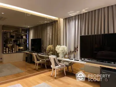 Luxurious living room with elegant modern furnishings, ambient lighting, and a sleek entertainment unit, perfect for upscale urban living.